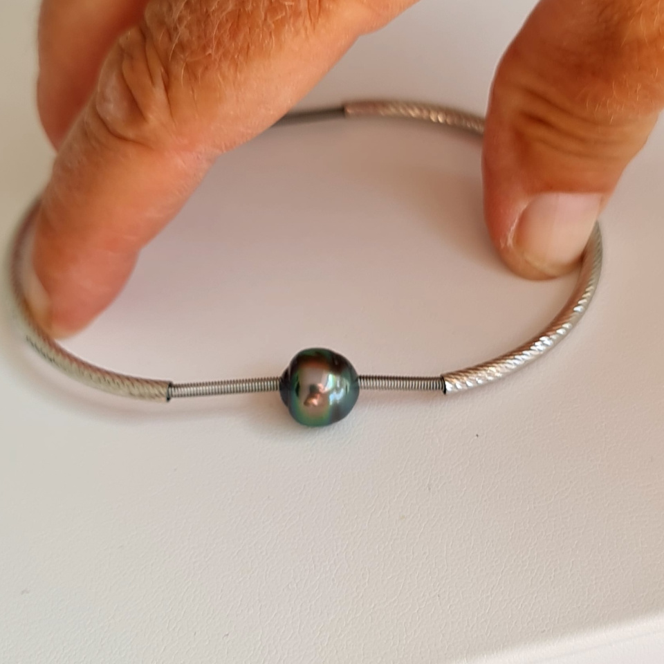 Moorea - Bracelet Jonc Argent Rhodié et Perle de Tahiti