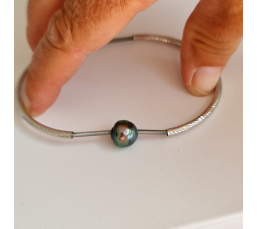 Moorea - Bracelet Jonc Argent Rhodié et Perle de Tahiti