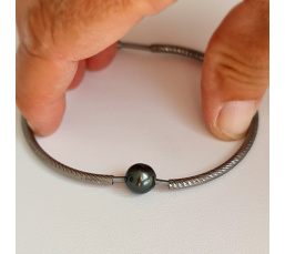 Moorea - Bracelet Jonc Argent Rhodié et Perle de Tahiti