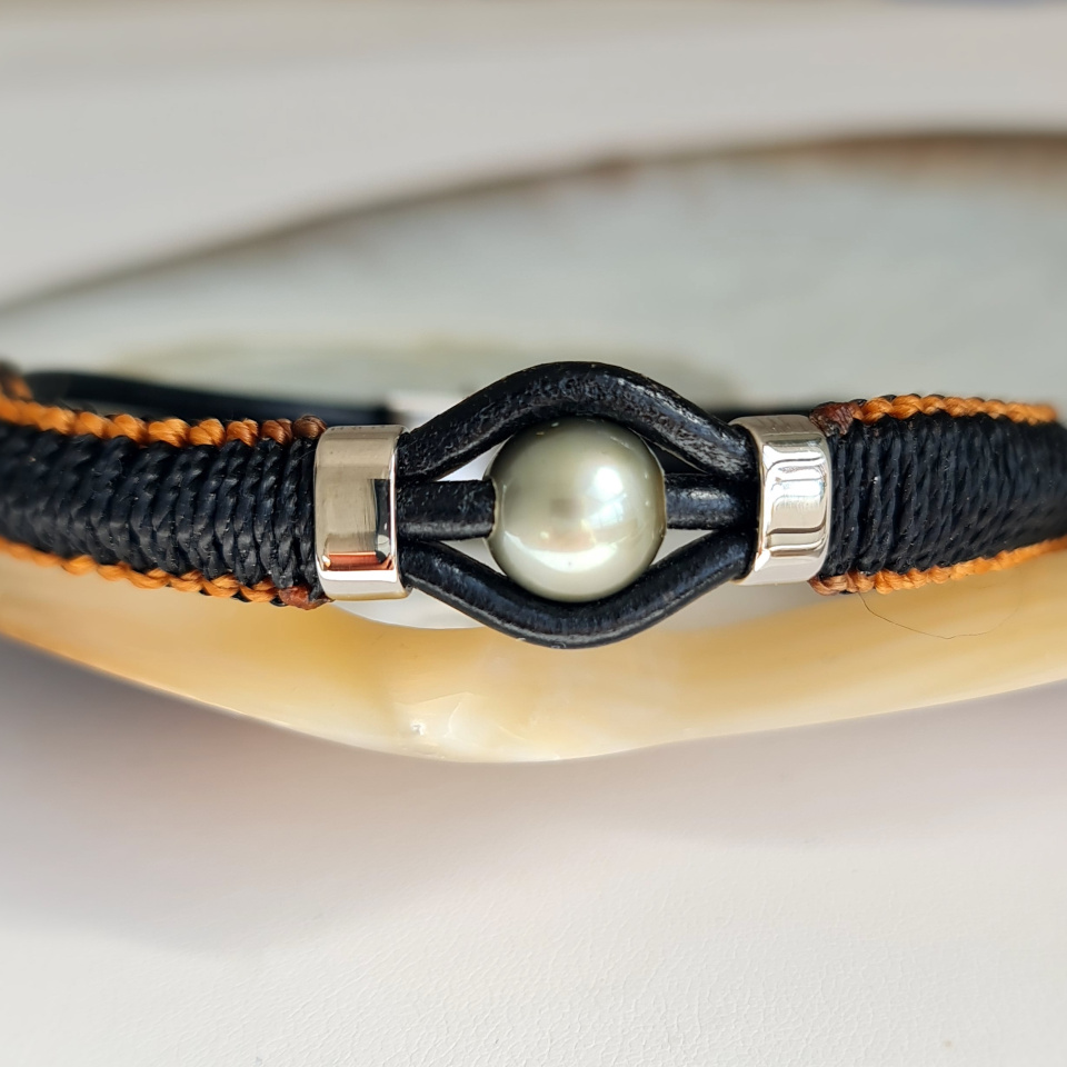 Herenui - Bracelet Cuir et Véritable Perle de Tahiti