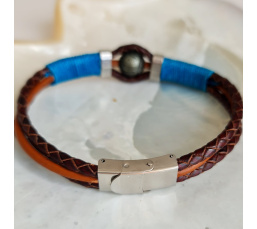 Temana - Bracelet Cuir, Acier et perle de culture de Tahiti Gravée