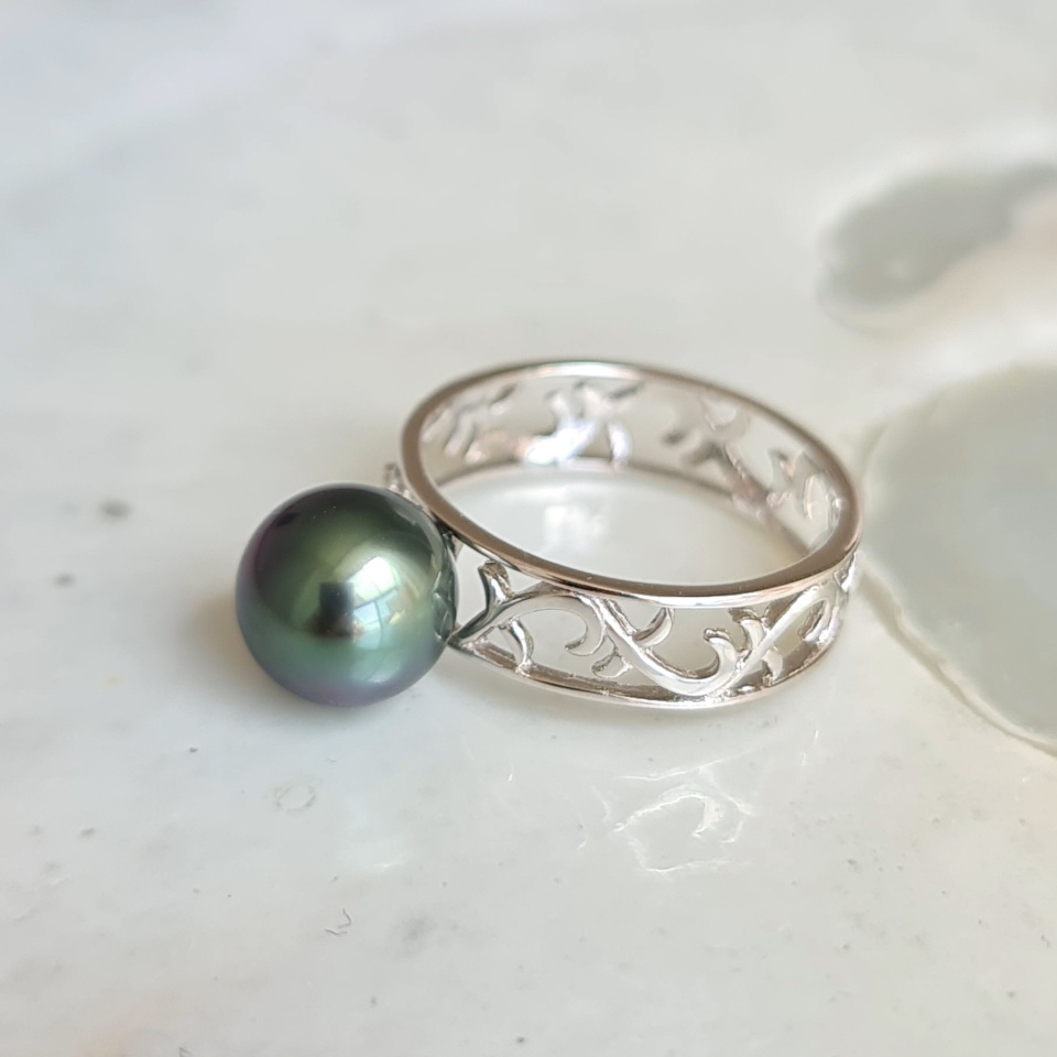 Herenui - Bague Argent Rhodié et Véritable Perle de Tahiti