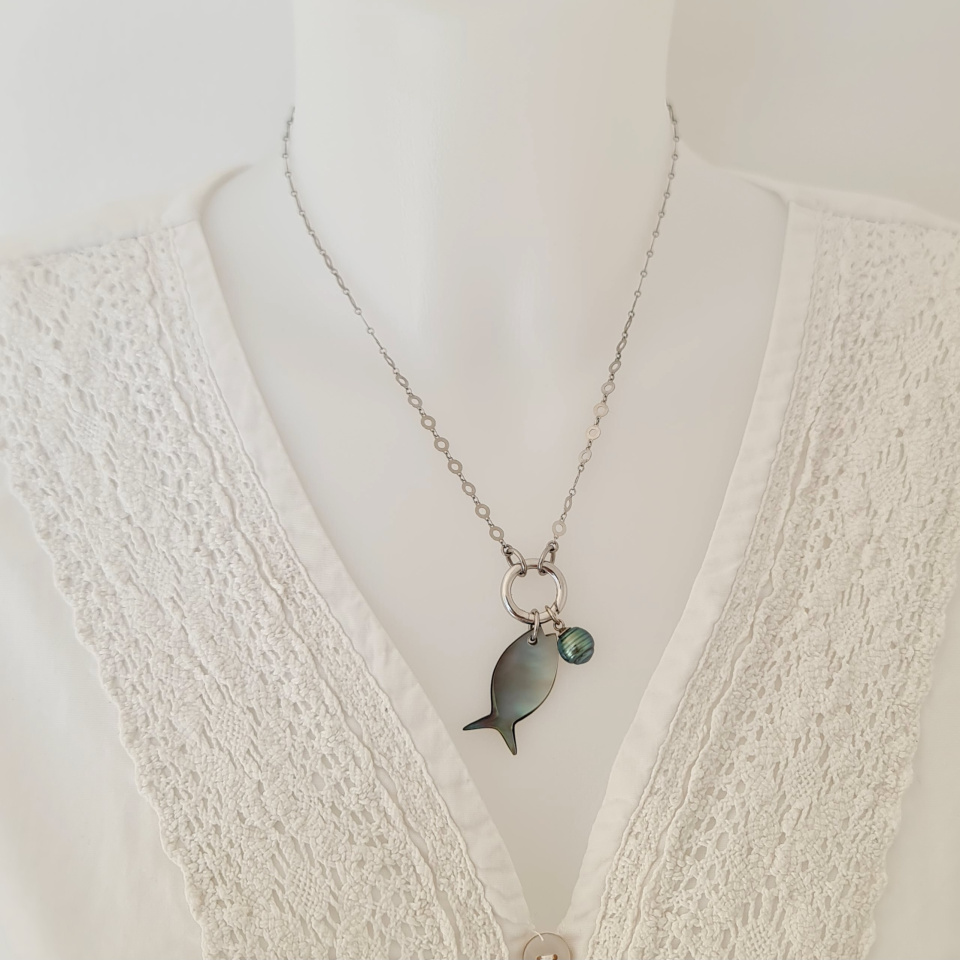 Poisson d'Ô - Collier Argent rhodié et Perle de Tahiti