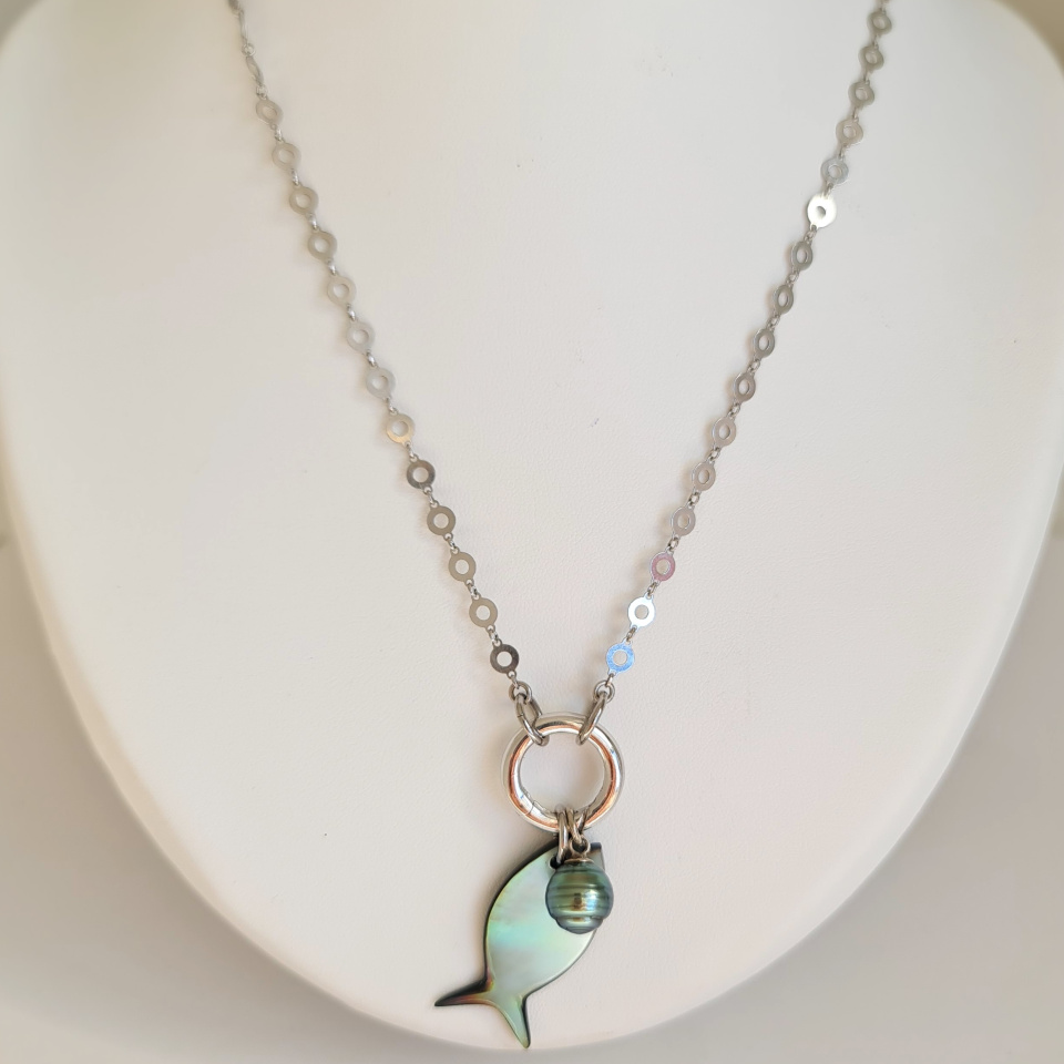 Poisson d'Ô - Collier Argent rhodié et Perle de Tahiti