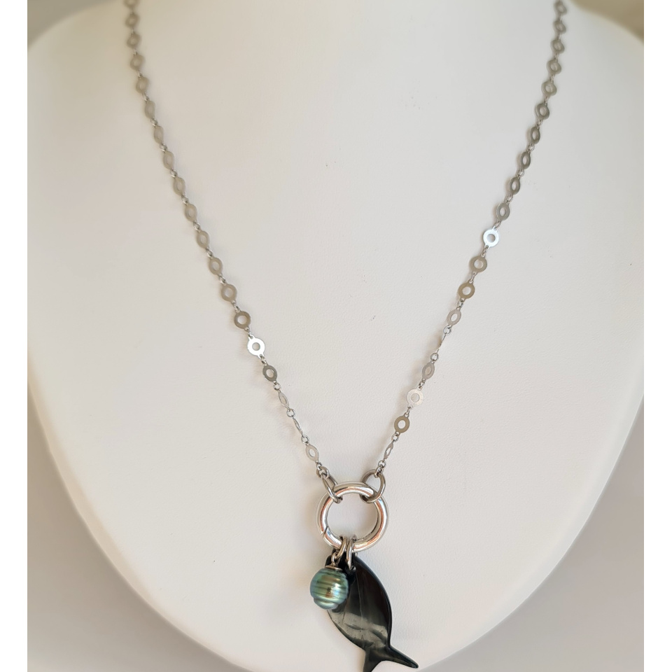 Poisson d'Ô - Collier Argent rhodié et Perle de Tahiti