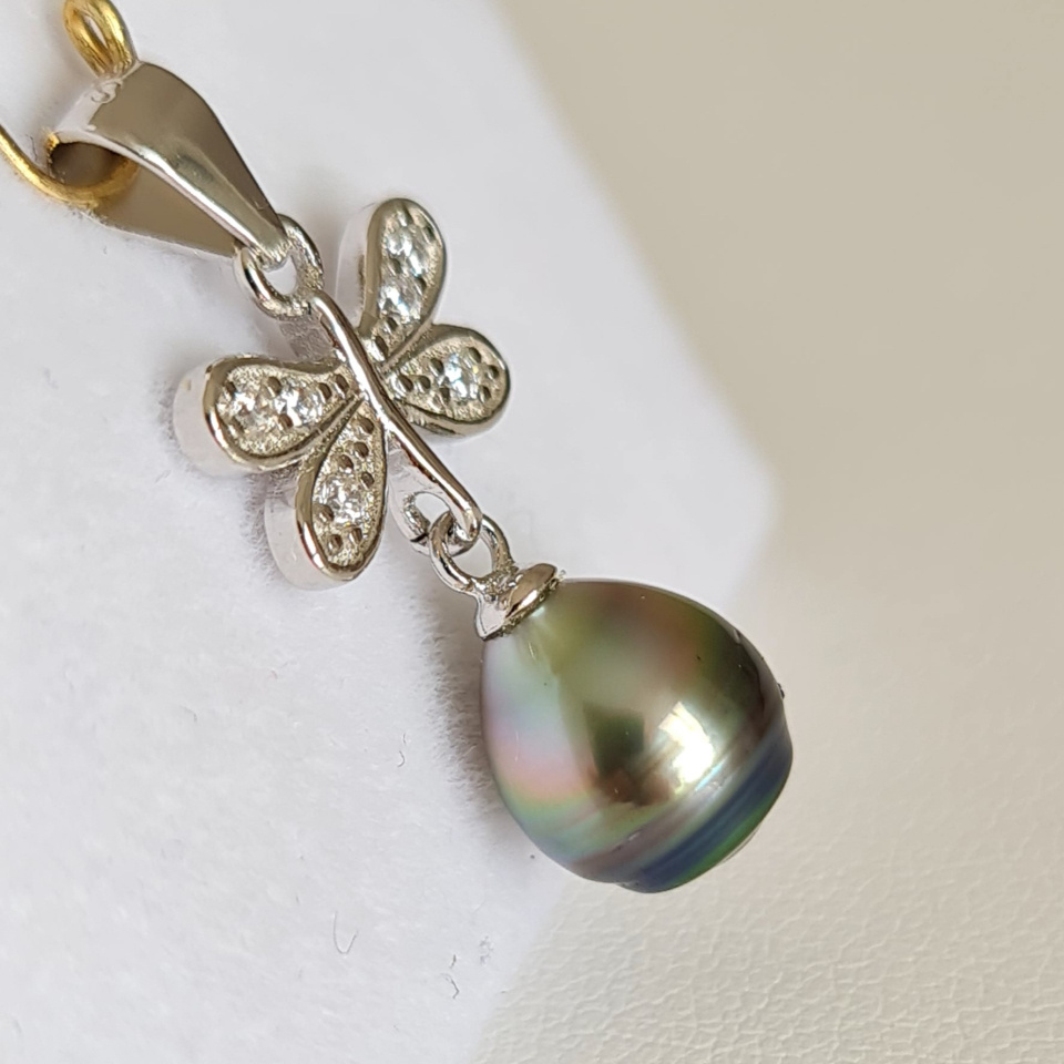 Papillon - Pendentif Argent Rhodié et Véritable Perle de Tahiti