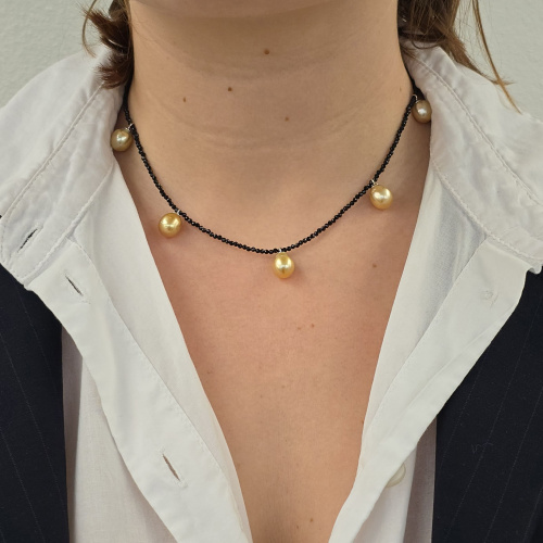 Gold and Black - Collier Spinelle, Perles des Mers du Sud et Argent