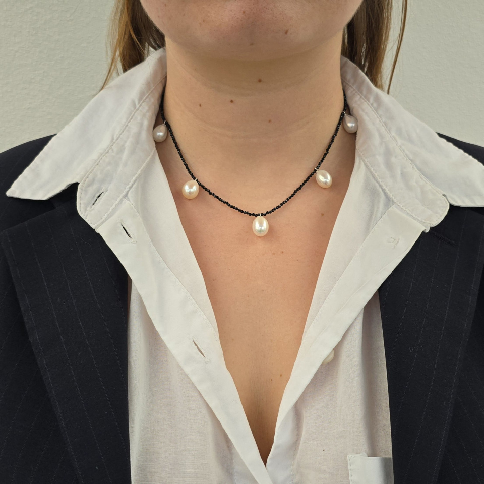 White and Black - Collier Spinelles noirs, Perles d'Eau Douce et Argent