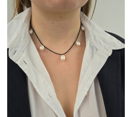 White and Black - Collier Spinelles noirs, Perles d'Eau Douce et Argent